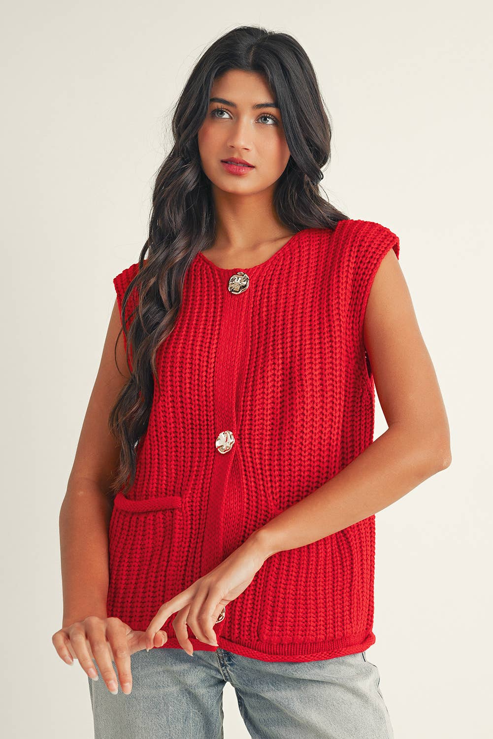 Red Solid Buttoned Sweater Vest