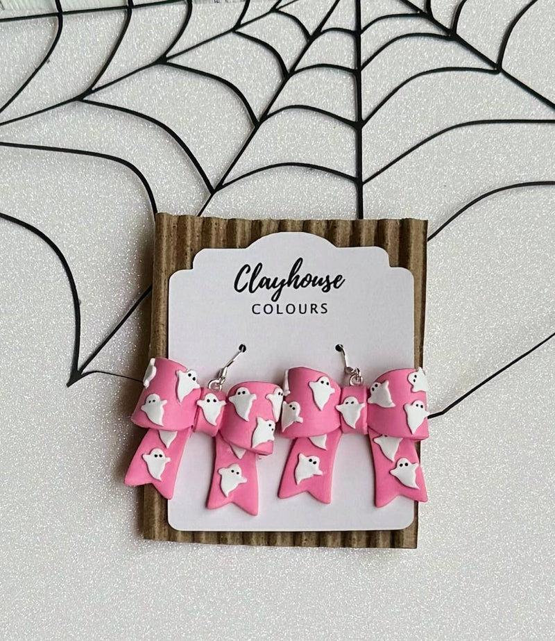 Pink Halloween Earrings : Pink Ghost Bows