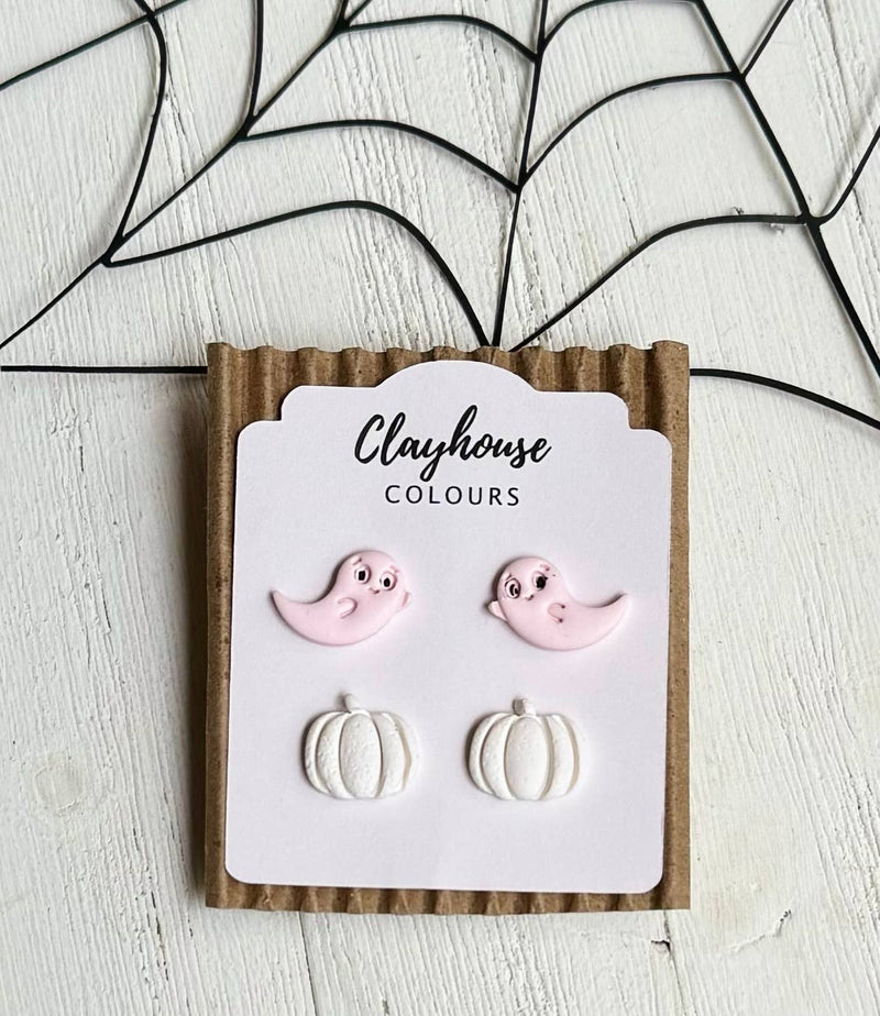 Pink Halloween Earrings: Ghost with Pumpkins