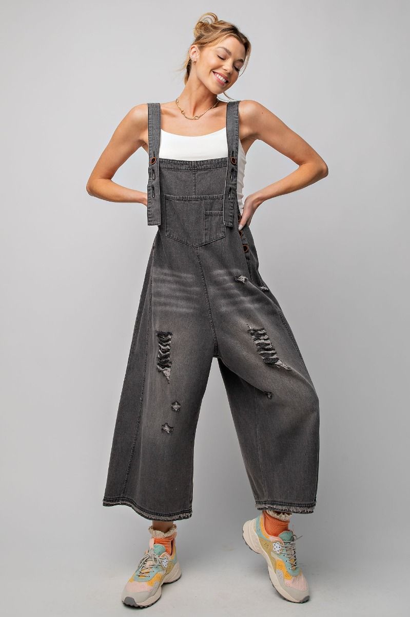 Easel Washed Black Denim Loose Fit Jumpsuit #EB40341