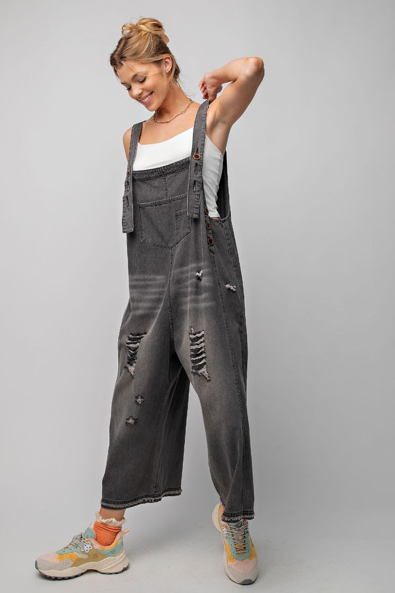 Easel Washed Black Denim Loose Fit Jumpsuit #EB40341