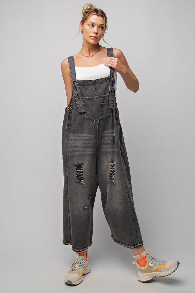 Easel Washed Black Denim Loose Fit Jumpsuit #EB40341