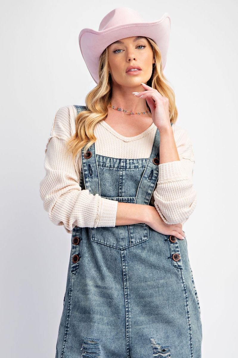 Easel Washed Denim Loose Fit Overalls #EB41407