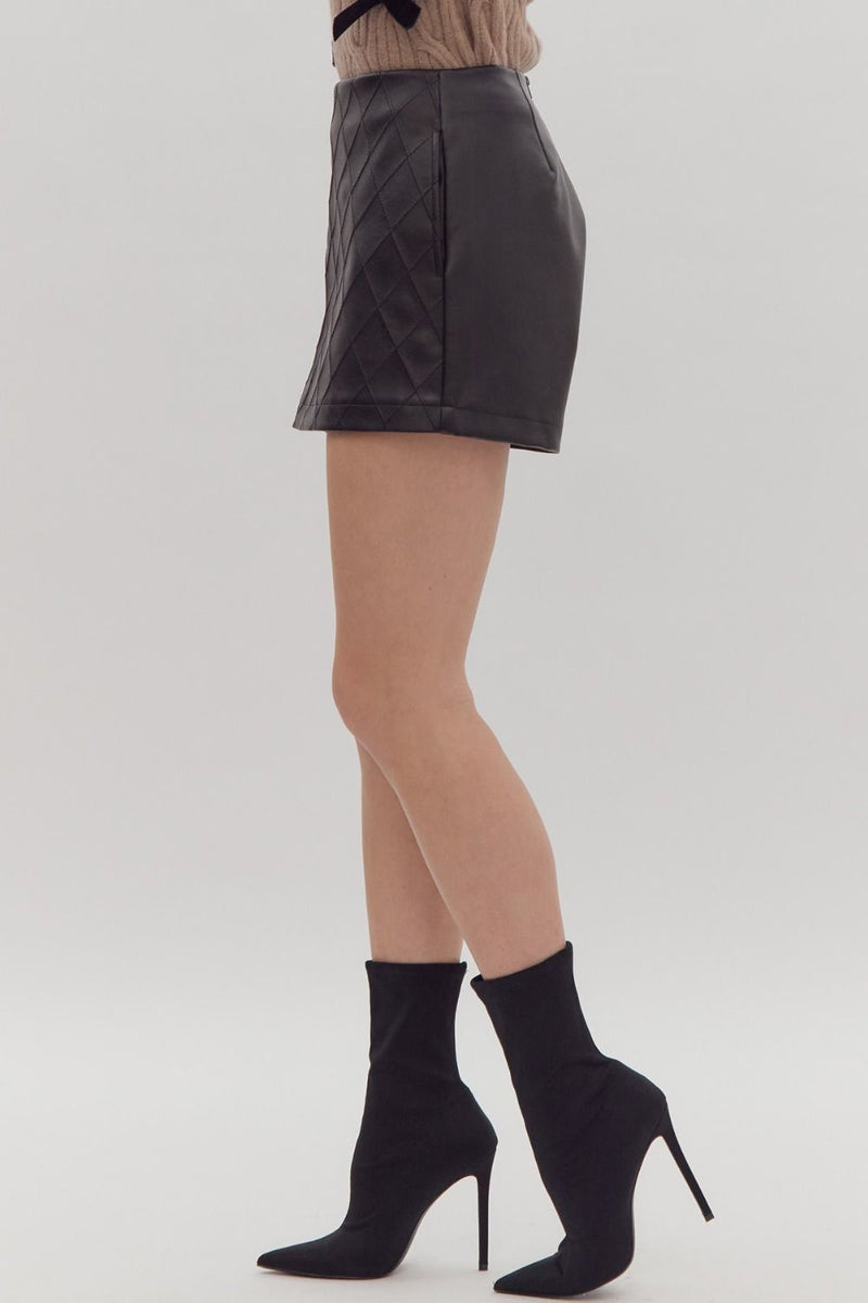 Black Quilted Faux Leather Skort