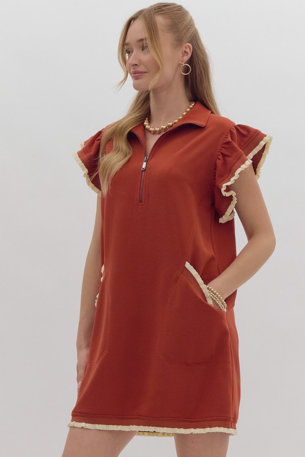 Rust Half Zip Collared Mini Dress