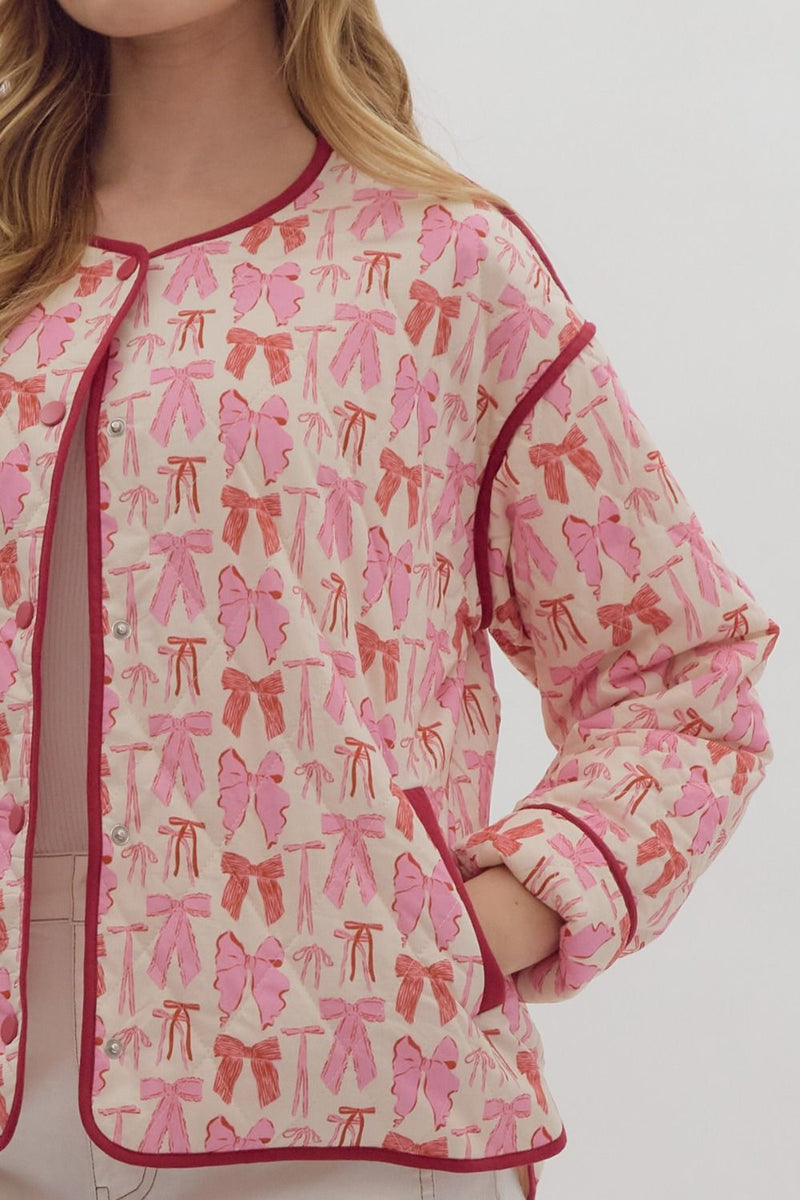 Pink Bow Print Button Jacket