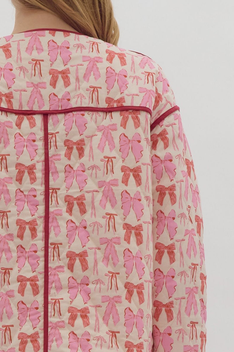 Pink Bow Print Button Jacket