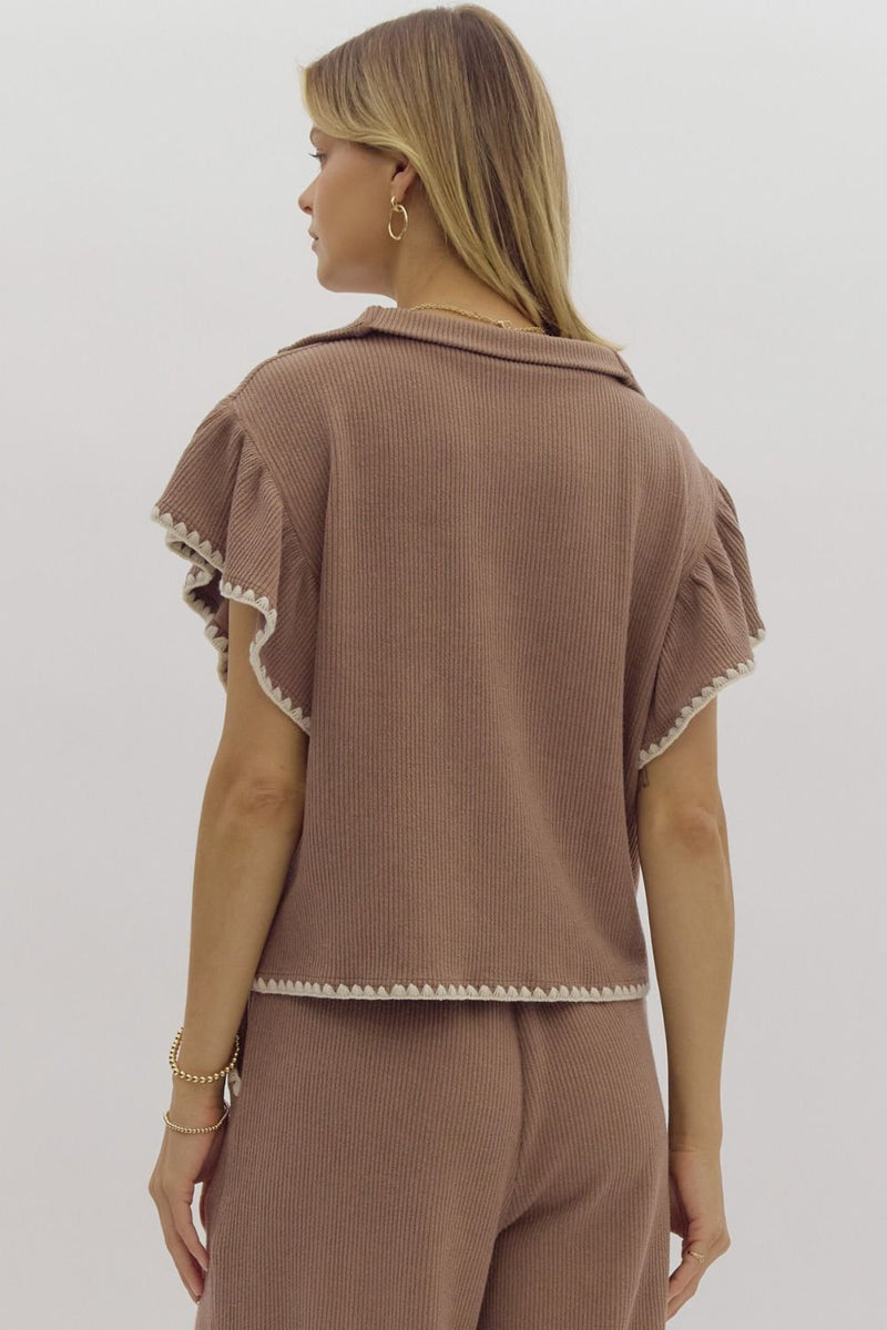 Ruffle Sleeve Crop Top - Lt Mocha