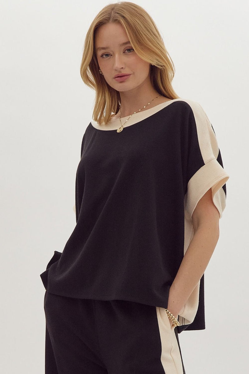 Black Ribbed Boat Neck Top