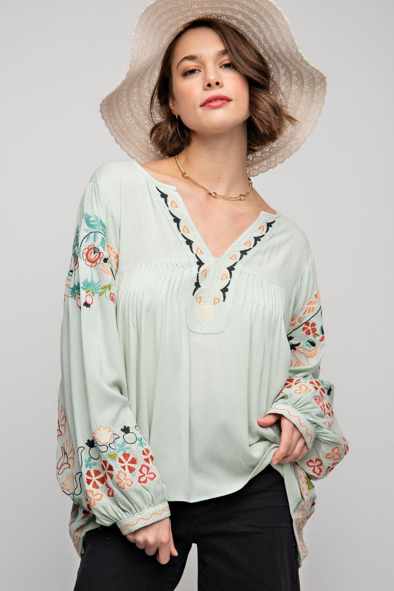 Poly Dobby Embroidered Top Mint