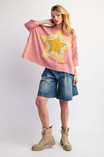 Star Patch Washed Cotton Slub Top - Dusty Rose