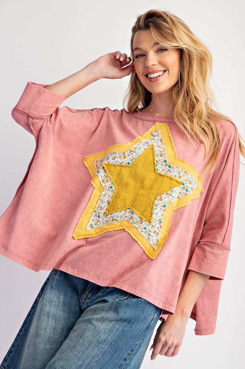 Star Patch Washed Cotton Slub Top - Dusty Rose