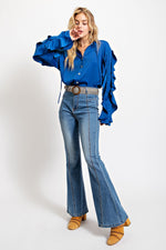 English Blue Crinkled Satin Button Top