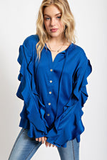 English Blue Crinkled Satin Button Top