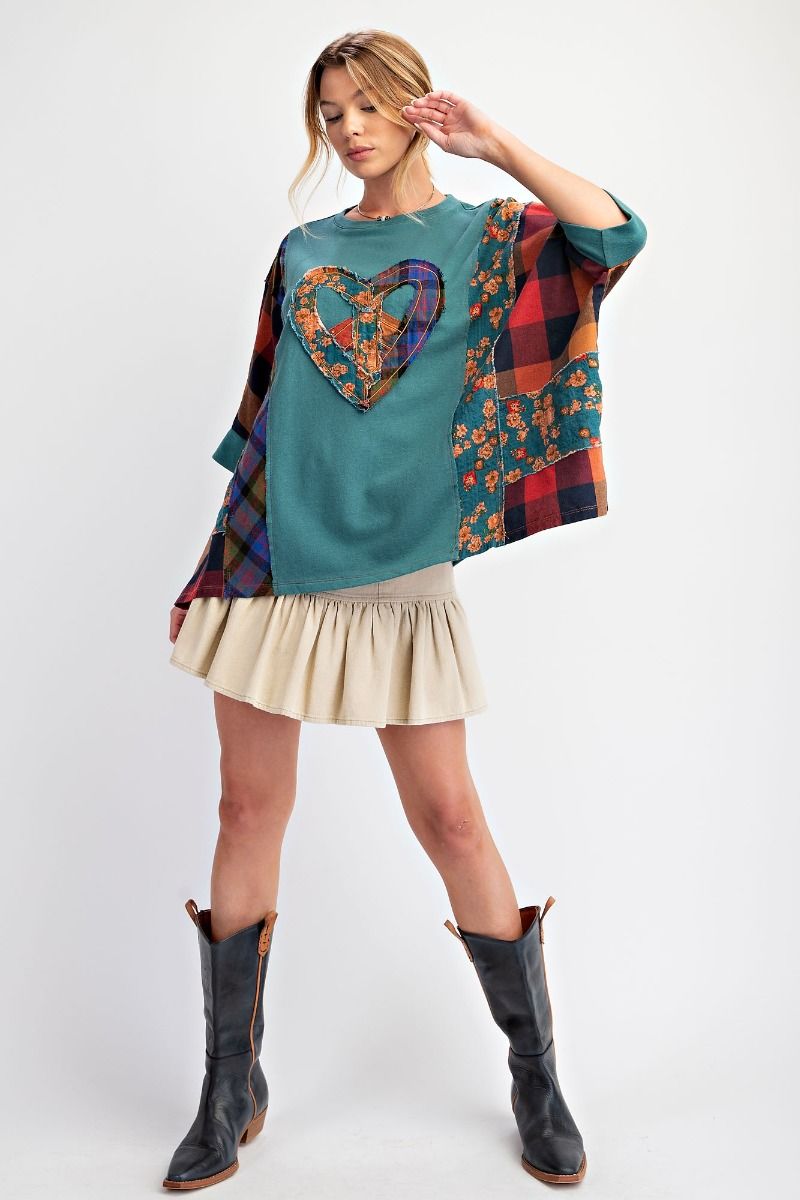 Teal Heart Peace Patch Top