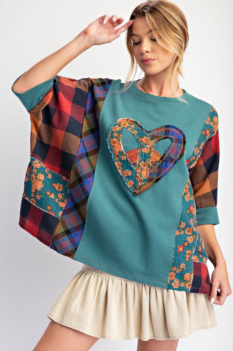 Teal Heart Peace Patch Top