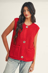 Red Solid Buttoned Sweater Vest