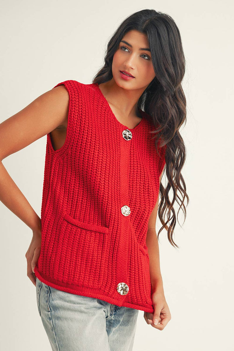 Red Solid Buttoned Sweater Vest