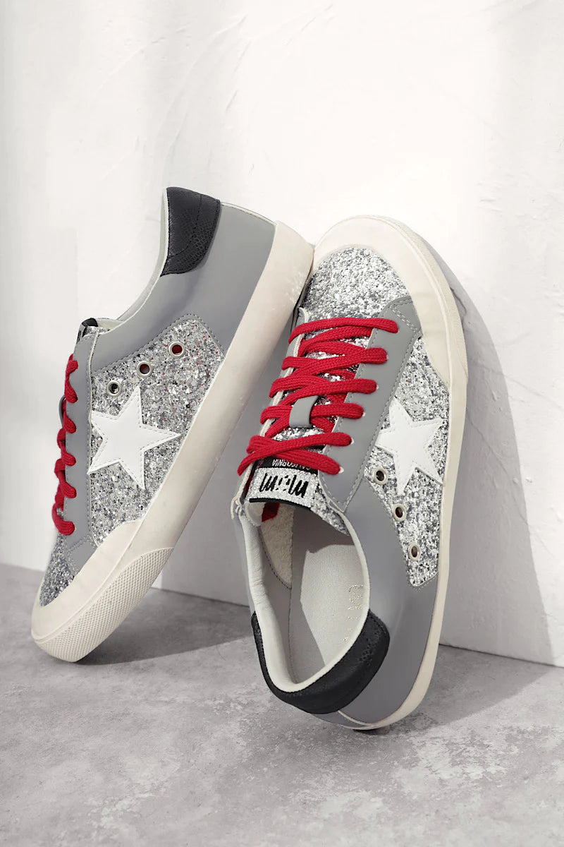Sequin Sensation Casual Sneakers by Liv and Mia, Silver / 10