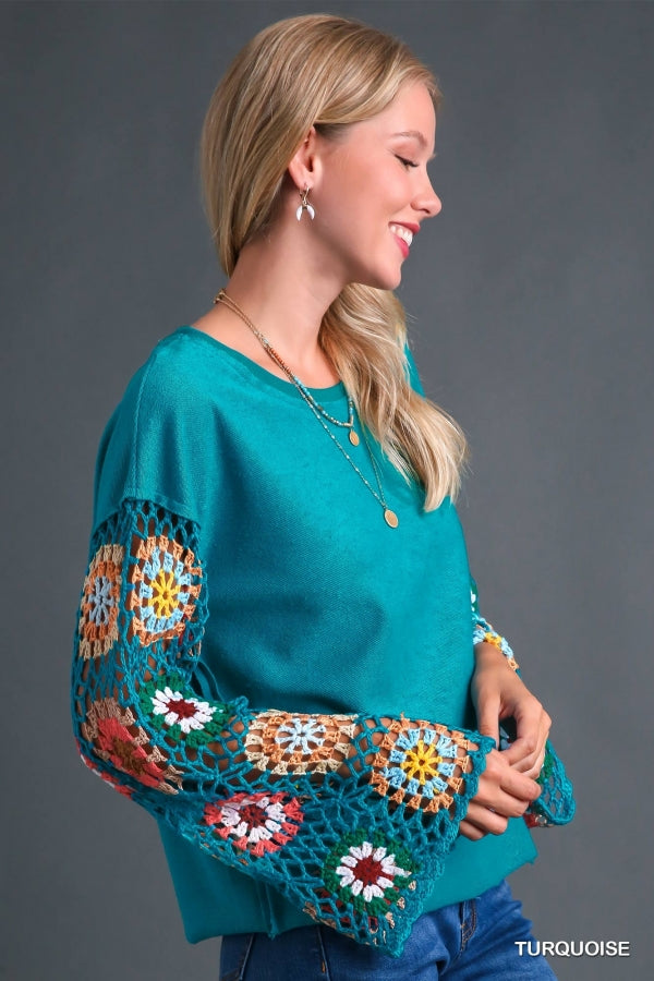 Millie Crochet Sleeve Top - Turquoise