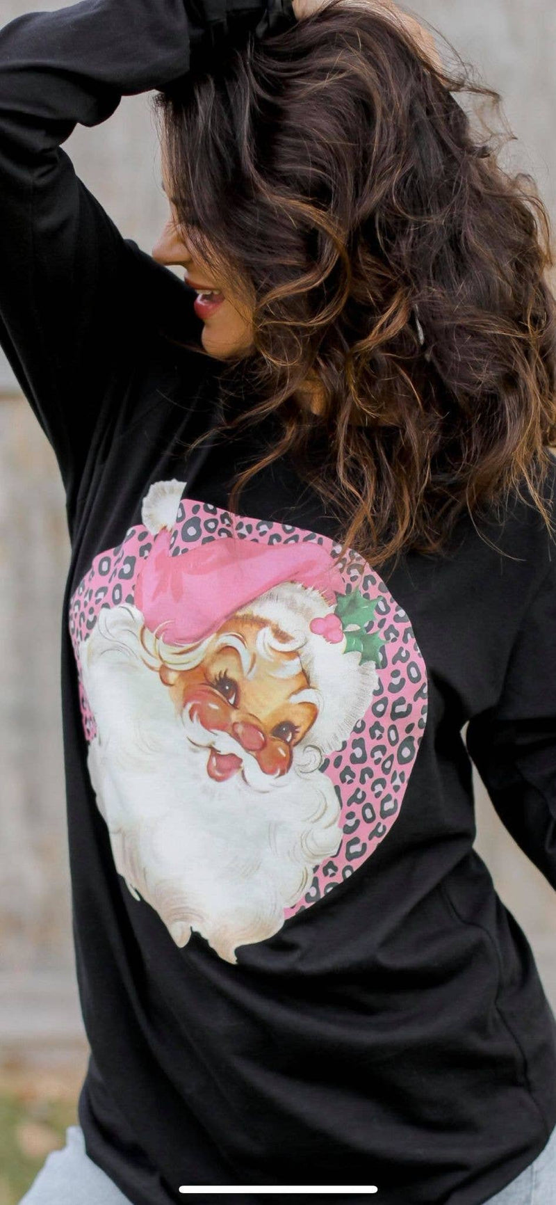 Pink Leopard Santa | Black | Long Sleeve Christmas Tee