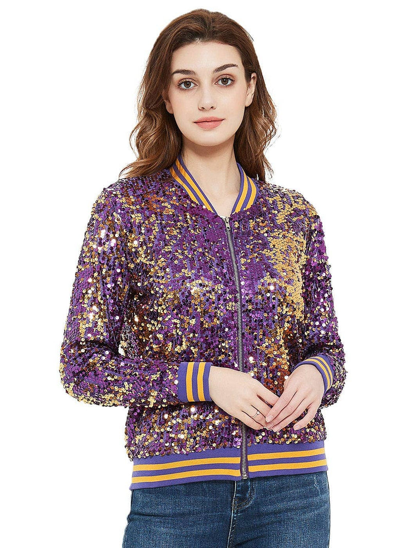 Purple Sequin Bomber Zip-Up Jacket